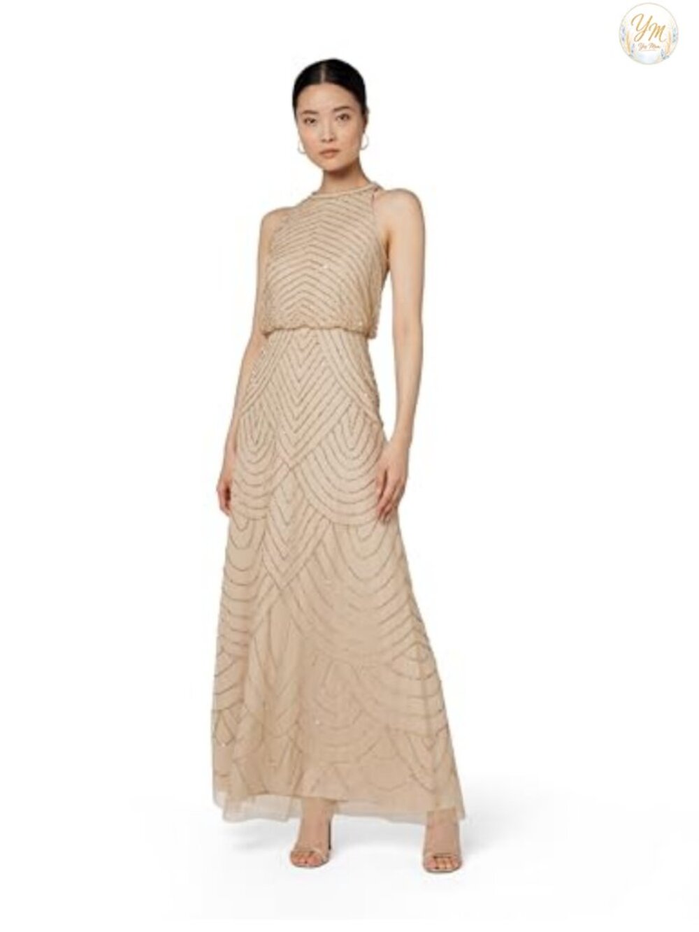 Beaded Halter Long Dress Sleeveless Blouson Formal Evening Gown